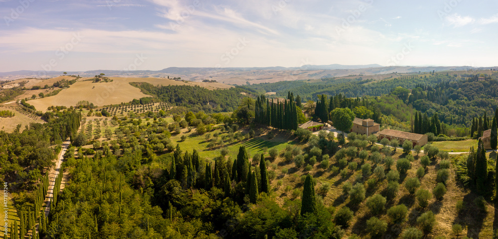 Tuscany panoramic aerial/drone view of tuscan villa with cypresses, Siena Italy
