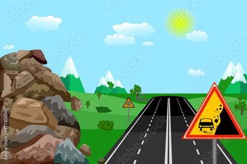 Warning falling rocks sign on road in landscape background. Danger sign with car and landslide silhouette. Traffic caution insignia about rockslide or gravel. Rockfall from mountain on highway.Vector photo