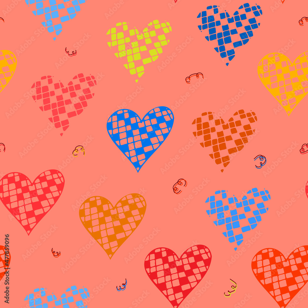 Seamless pattern, checkered hearts. Cheerful optimistic design