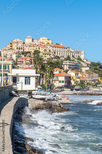 Landscape of the coastline of Imperia with the historic center in background