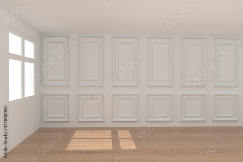 empty white room with window and wood parquet interior design in 3D rendering