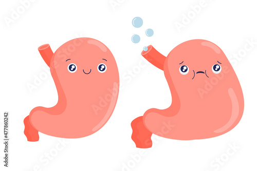 Stomach cartoon character. Bloating, heartburn, nausea, belching. Healthy and bloating. Cartoon internal organs. Stock vector illustration isolated on white.