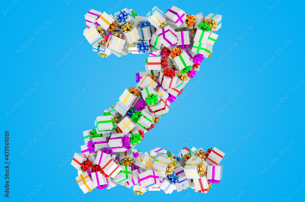 Letter Z from gift boxes, 3D rendering