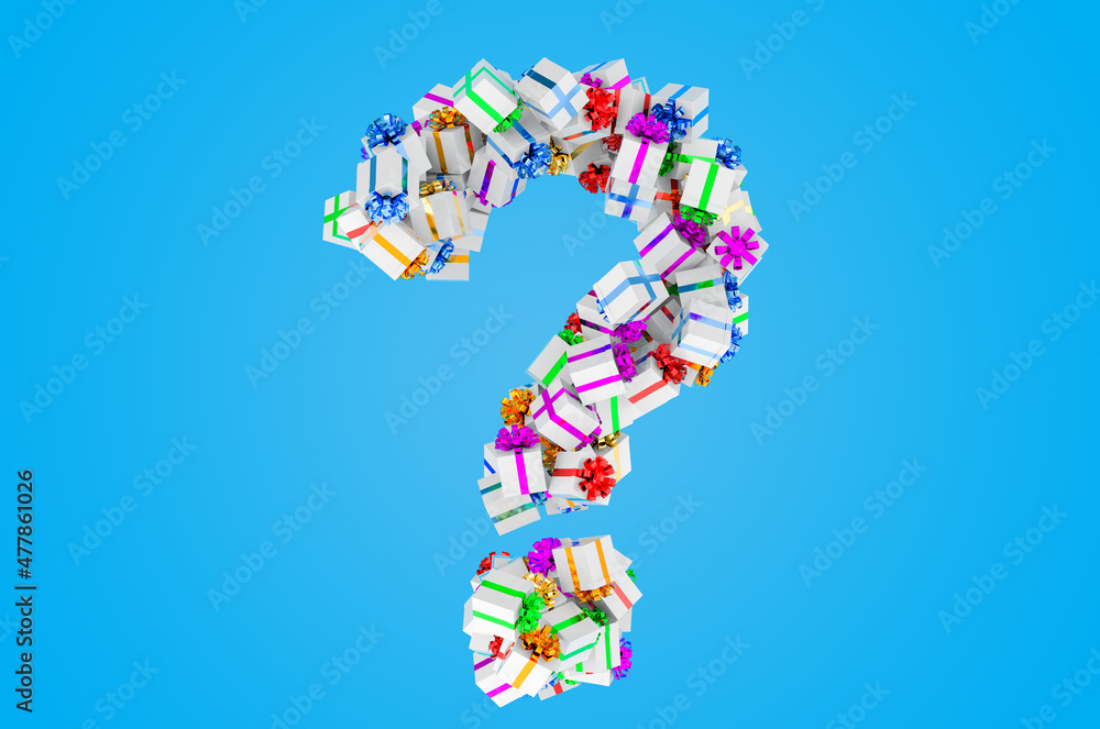 Question symbol from gift boxes, 3D rendering