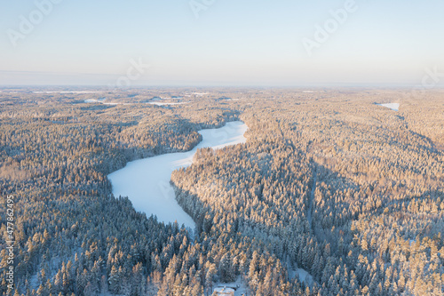 Winter forest landscape on a sunny day. Pines under the snow. drone photo. Scandinavian nature. Finland.