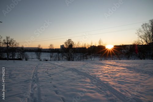 winter sunset over the city