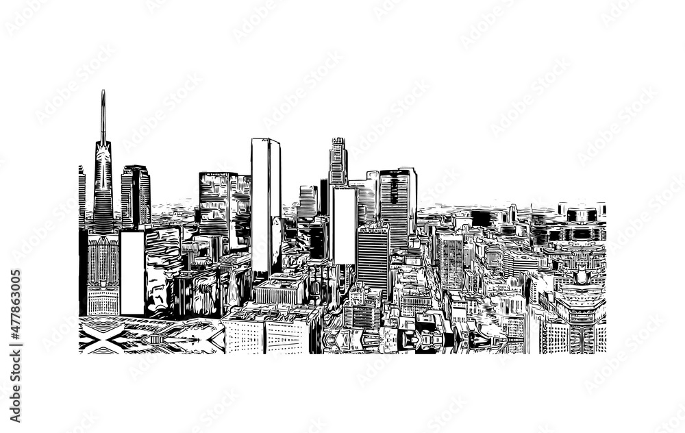 Building view with landmark of Los Angeles is the 
city in California. Hand drawn sketch illustration in vector.