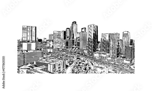 Building view with landmark of Los Angeles is the  city in California. Hand drawn sketch illustration in vector.