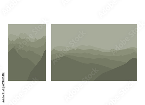 Fantasy on the theme of the morning landscape, sunrise in the mountains, panoramic view, vector illustration. mountains set