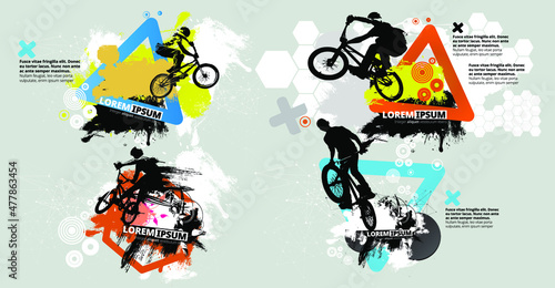 Active young man doing tricks on a bicycle, extreme sport concept. Sport background ready for poster or banner, vector