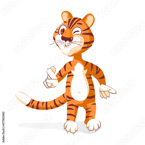 Cute Tiger cub makes good luck gesture. Adorable Wild Animal Cartoon Character. Happy Chinese new year greeting card. 2022 Tiger zodiac. Illustration For children, decor, banner, emblem Adorable