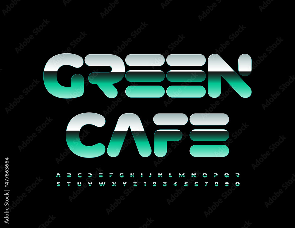 Fototapeta premium Vector luxury Logo Green Cafe. Trendy Metallic Font. Artistic Alphabet Letters and Numbers