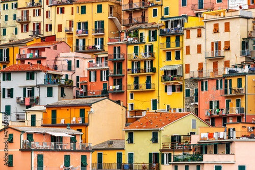 colorful house  buildings and old facade with windows in small picturesque village Manarola Cinque terre in liguria