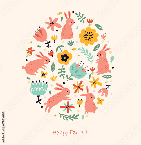 Easter card with bunny and flowers 