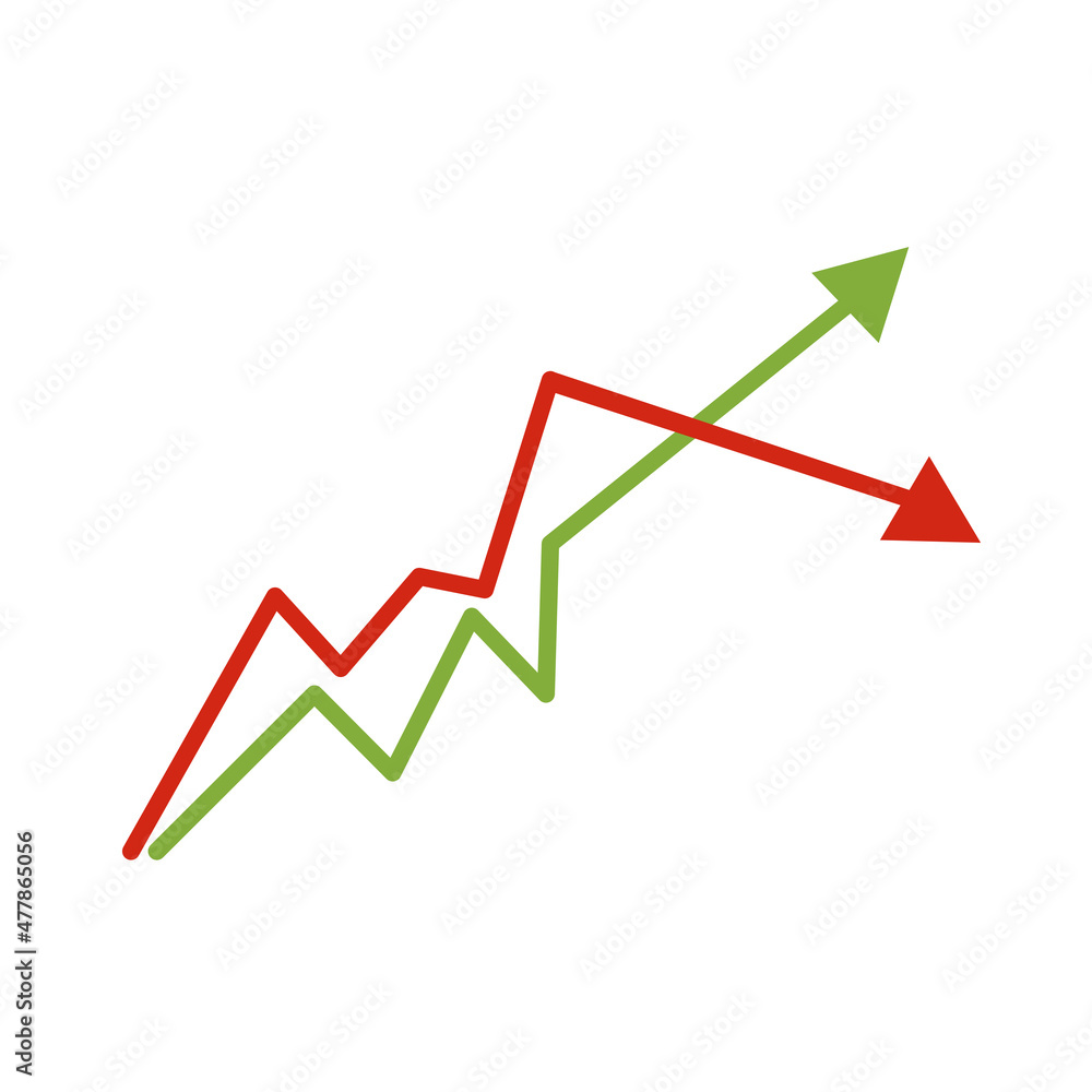 Red and green arrows, graph of growth. Isolated vector illustration on white background. Red and green arrows, graph of growth. Isolated vector illustration on white background.