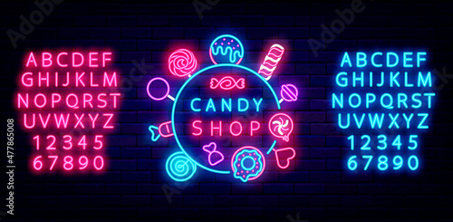 Candy shop neon signboard with lots of sweets. Sweet store logo with alphabet. Round layout. Vector illustration