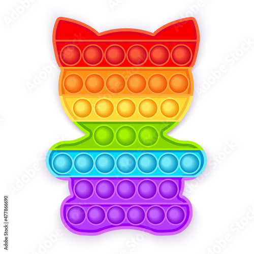 Rainbow popular popit toy shaped as a cat. Pop it sensory vector toy.   Bubble pop it fidget vector. Popit fidget toy. 3d realistic antistress fidgeting toy.