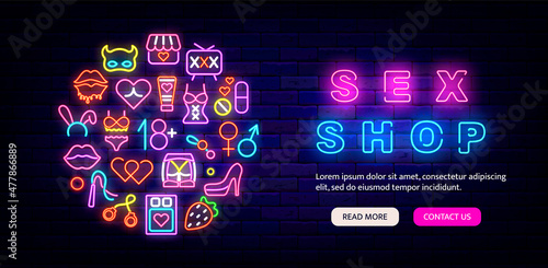 Sex shop neon website template with circle layout. Flyer for intimate store. Night bright flyer. Vector illustration