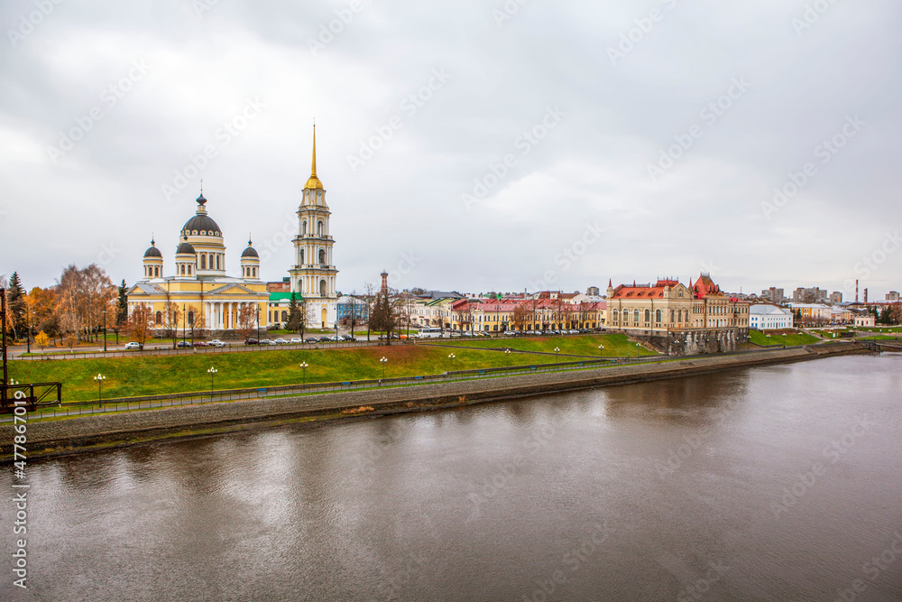 The visiting card of the city. Volga, Volzhskaya embankment, Transfiguration Cathedral and the building of the new grain exchange. Rybinsk. Yaroslavskaya oblast. Russia