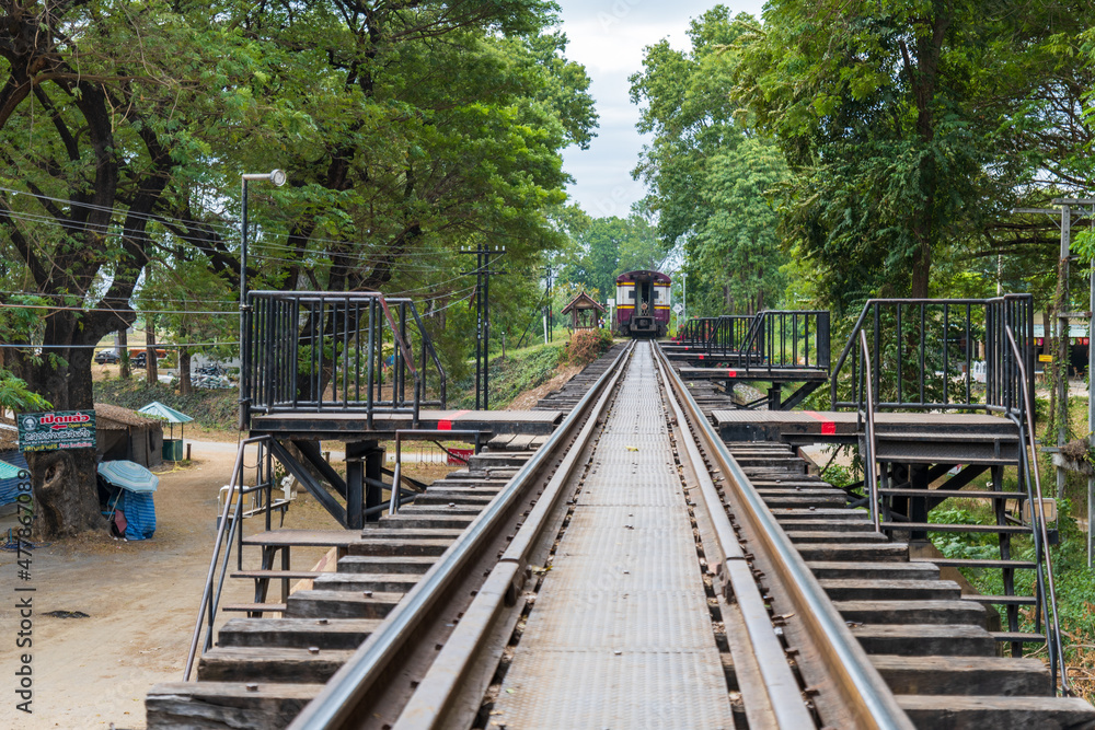 Fototapeta premium The River Kwai Bridge railway, also know as Death railway bridge, a historic landmark of world war ii, in Kanchanaburi, Thailand.