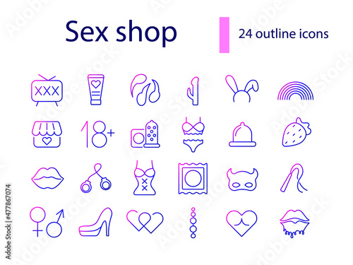 Sex shop products outline icons set. Adult toys. Sexual accessory. Isolated vector stock illustration