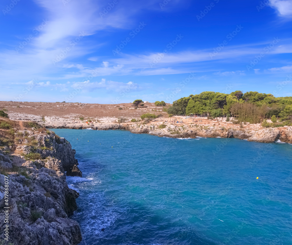 The nice small beach of Porto Badisco in Apulia (Italy), nestled amid the cliffs and the yellow brooms, is the perfect place to dive in the crystal clear sea and to taste the delicious sea-urchins.