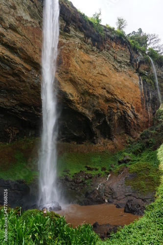 Very high waterfall, one of the Sipi Falls in Mount Elgon National Park