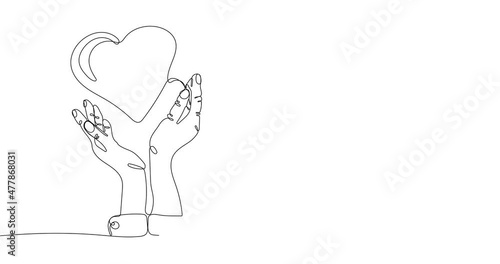 Animated continuous one line drawing of   hands holding heart. Love and care symbol. Charity or solidarity concept
