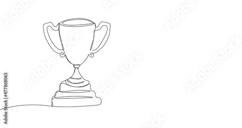 Animated continuous one line drawing of Trophy cup. Champion trophy, цinner prize, sport award. 