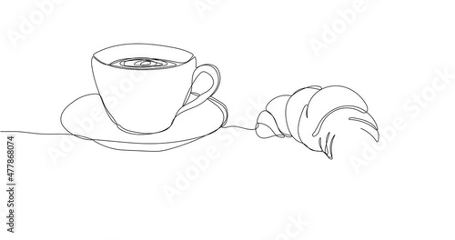 Animated continuous one line drawing of French breakfast of coffee and croissant