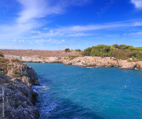 The nice small beach of Porto Badisco in Apulia (Italy), nestled amid the cliffs and the yellow brooms, is the perfect place to dive in the crystal clear sea and to taste the delicious sea-urchins.