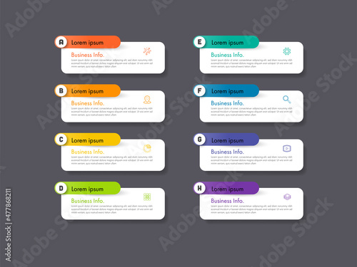 Modern infographics business design with 8 option concepts, parts, steps or processes can be used for workflow layout, diagram, number options, web design. infographic element.