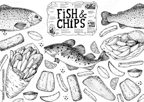 Fish and chips sketch vector illustration. British pub food. Hand drawn sketch. Cooking fish and chips. Engraved hand drawn vintage image. Menu design template.