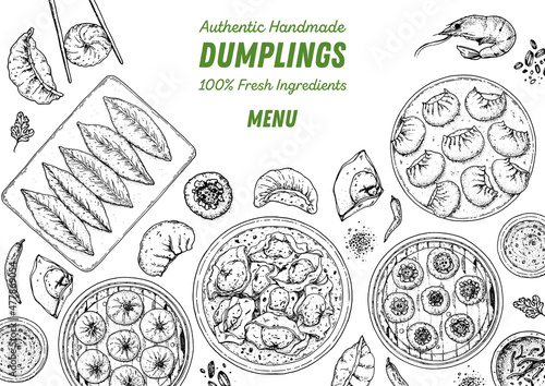 Dumplings top view frame. Food menu design template. Hand drawn vector illustration. Chinese dumplings. Vintage illustration. Hand drawn food sketch. Design template.
