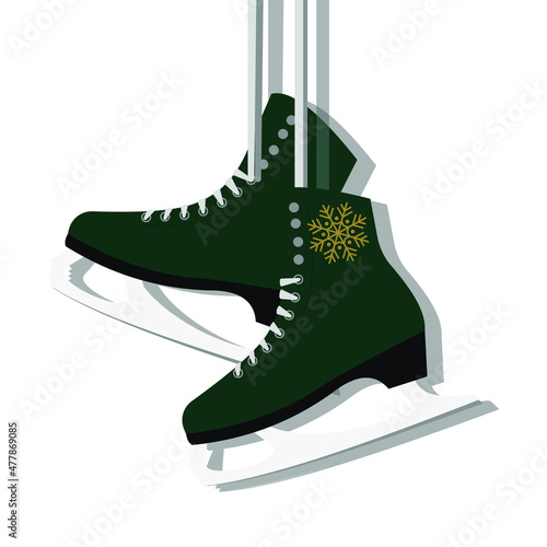 Stylish green skates hang on laces and give shade with snowflake isolated on white background. Print for winter Christmas cards. Vector.