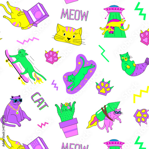 Abstract cat pattern. Seamless print with doodle kitty on skate with UFO and space rocket. Mermaid and cactus kitten. Colorful background with 90s stickers and badges. Vector pet texture