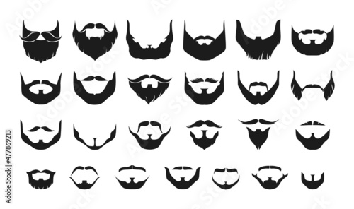 Beard silhouette. Different types of black mens face hair with or without moustache and whisker. Portrait facial elements graphic for haircut and barbershop. Vector isolated hairstyles set