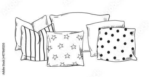 Hand drawn pillows. Doodle bedding. Feather cushions. Cozy sofa or bed textile accessories sketch. Interior comfortable soft decorations for bedroom and living room. Vector illustration