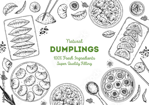 Dumplings top view frame. Food menu design template. Hand drawn vector illustration. Chinese dumplings. Vintage illustration. Hand drawn food sketch. Design template. photo