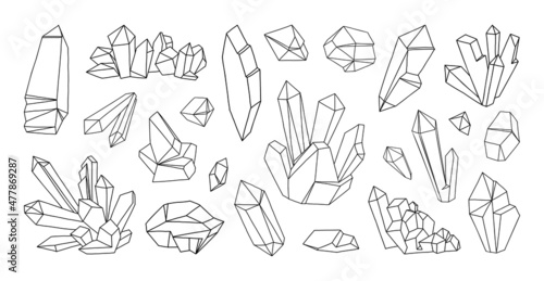 Line crystal stone. Outline polygon minerals. Rock and gem sketches. Geometric gemstone drawing. Precious topaz and aquamarine. Natural geological shape. Vector isolated rhinestones set