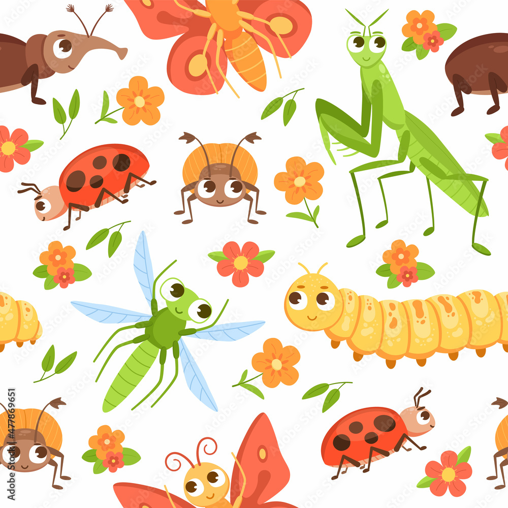 Cartoon bug pattern. Seamless print with insect characters and flowers. Butterfly and beetle with happy faces. Summer garden animals background. Funny weevil and mantis. Vector texture Cartoon bug pattern. Seamless print with insect characters and flowers. Butterfly and beetle with happy faces. Summer garden animals background. Funny weevil and mantis. Vector texture