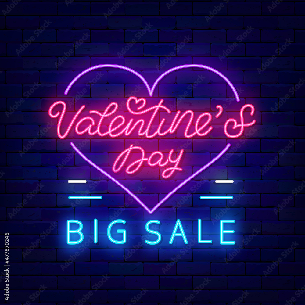 Valentines Day Big Sale neon sign. Light advertising and heart shape frame. Vector stock illustration