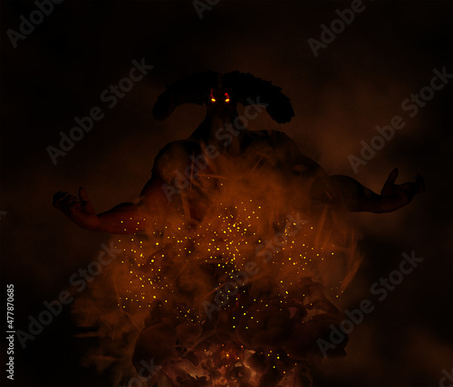 Illustration of a Demon Djinn entity with burning  eyes rising out of fire and smoke photo