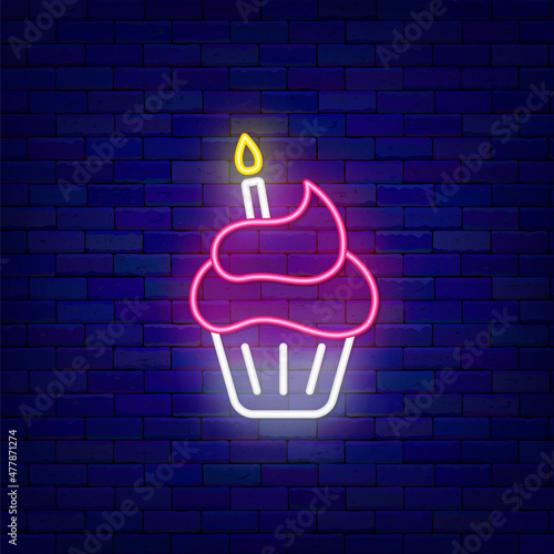 Cupcake with candle neon icon. Happy Birthday concept. Outer glowing effect banner. Vector stock illustration