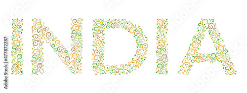 Word India ornamented in oriental style on a white background. Lettering with incredible Indian ethnic ornament