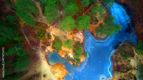 Aerial view of lake in the middle of wood. Top down view with beautiful colours on water surface, rocks and trees.