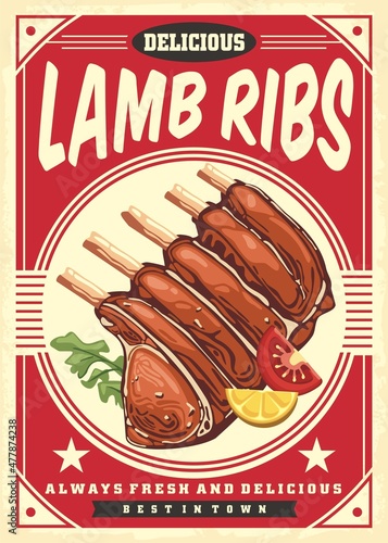 Lamb ribs vintage poster menu for restaurant or diner. Retro food flyer. Vector ad illustration on red background.