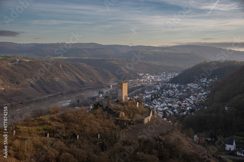 The view from above of the Niederburg in Kobern-Gondorf and the Moselle valley in late evening sun photo