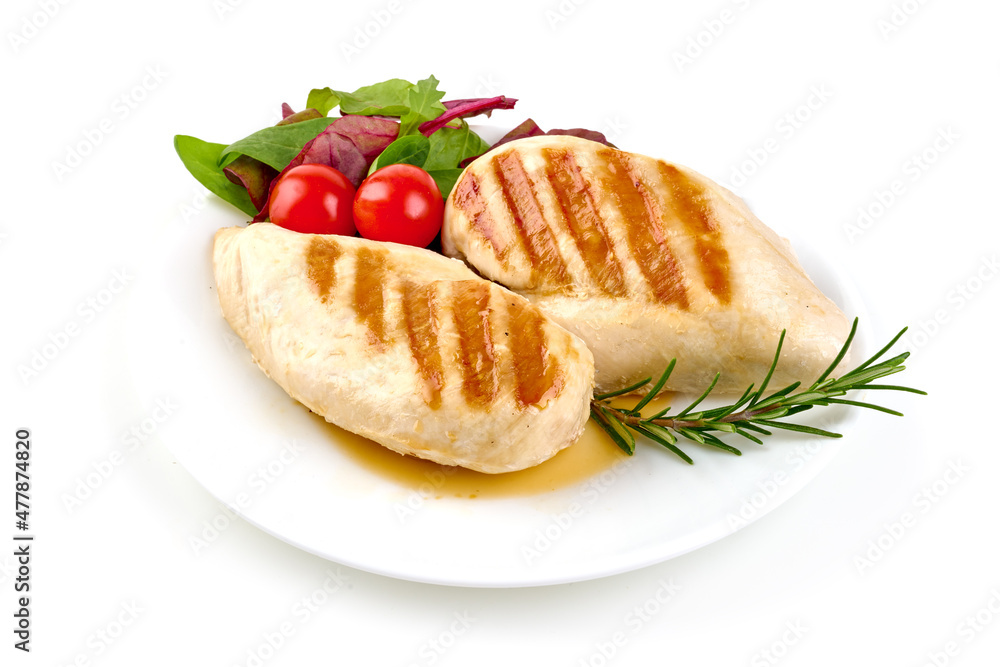 Grilled chicken breast with mix salad, isolated on white background. Grilled chicken breast with mix salad, isolated on white background.