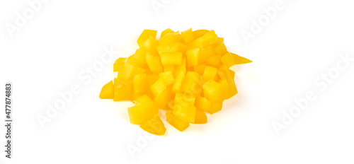 Sliced yellow bell pepper, isolated on white background.